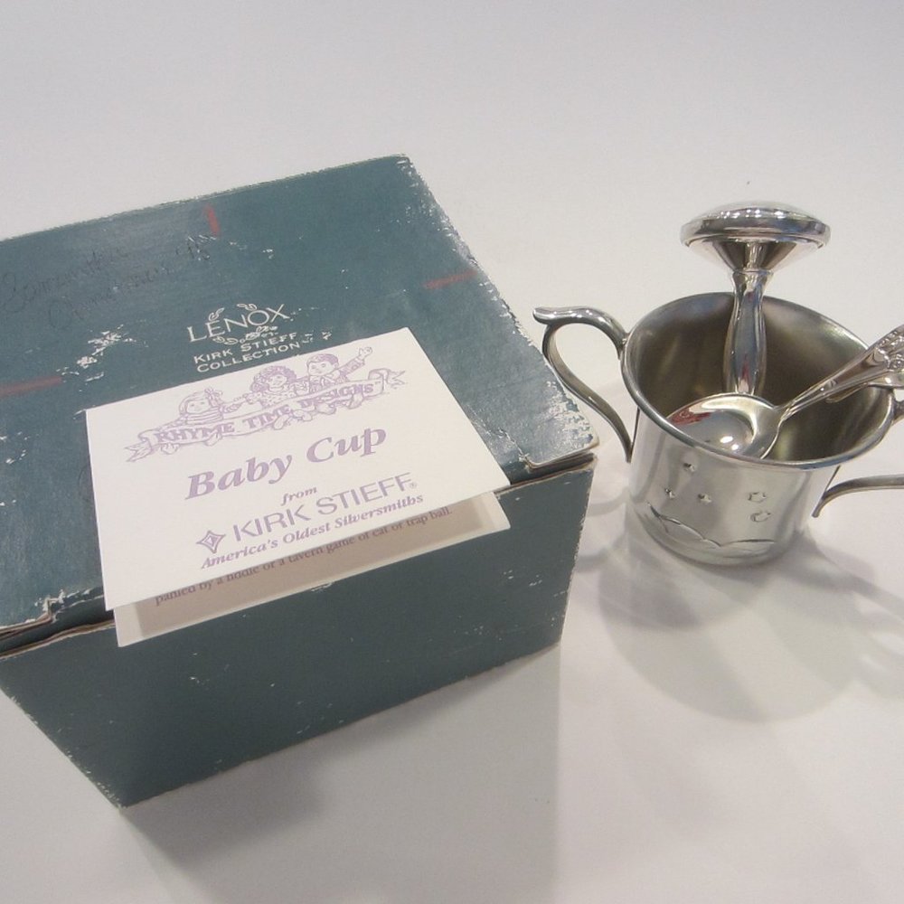 Lenox Kirk Stieff Hey Diddle Pewter Baby Cup Spoon & Rattle Nursery Rhyme